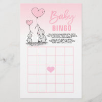 Pink Elephant Heart Girl Baby Shower BINGO Cards