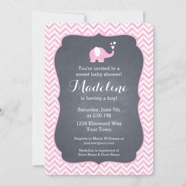 Pink Elephant Heart Invitation (Front)