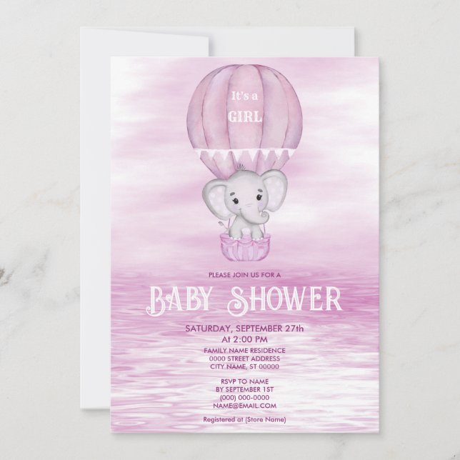 Pink Elephant Hot Air Balloon Baby Shower Invitation (Front)