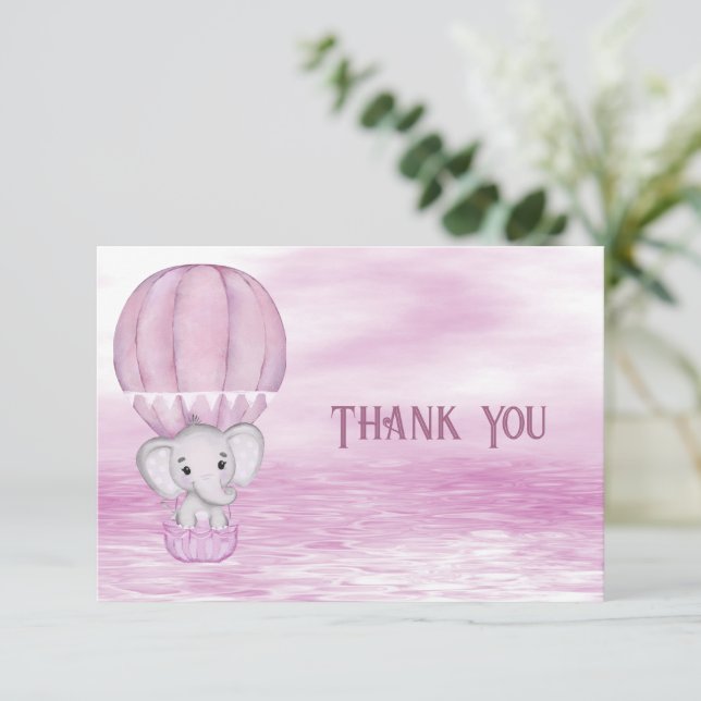 Pink Elephant Hot Air Balloon Thank You Card (Standing Front)