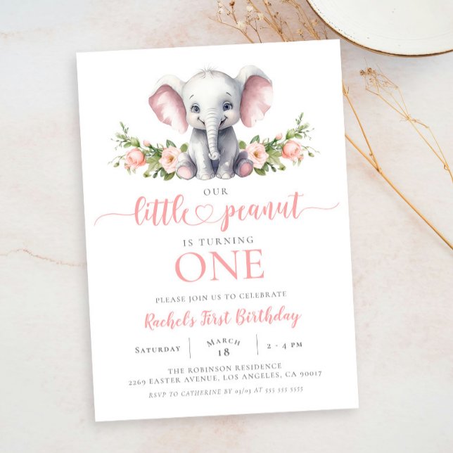Pink Elephant Little Peanut Girl 1st Birthday Invitation (Creator Uploaded)