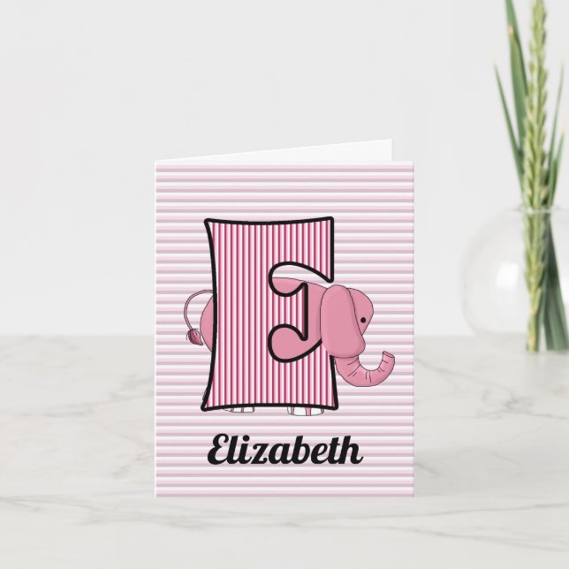 Pink Elephant Monogram E Kid's Blank Note Card (Front)