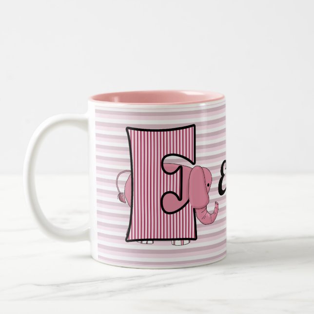 Pink Elephant Monogrammed Letter E with Name Kids Two-Tone Coffee Mug (Left)