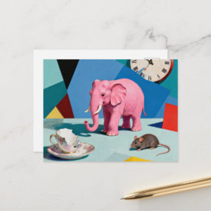 Pink Elephant Mouse Broken Teacup Clock Surreal Postcard