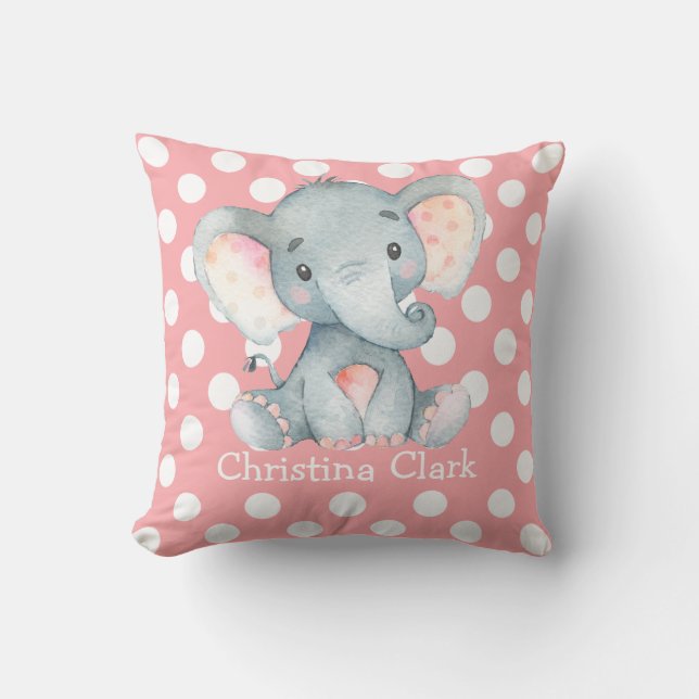 Pink Elephant Nursery Decor Baby Girl Throw Pillow (Front)