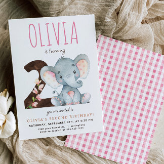 Pink Elephant Second Birthday Invitation