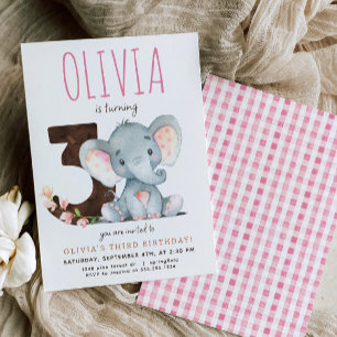 Pink Elephant Third Birthday Invitation