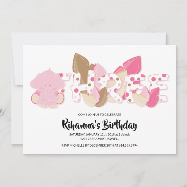 Pink Elephant Third Birthday Party Invitation (Front)
