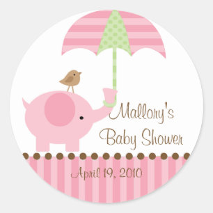 Pink Elephant Umbrella Baby Shower Sticker