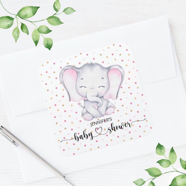 Pink Elephant Watercolor Baby Shower Square Sticker (Creator Uploaded)