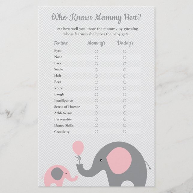 Pink Elephant Who Knows Mommy Best Shower Game Flyer (Front)