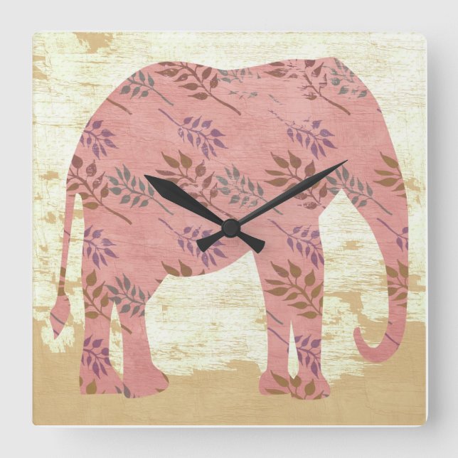 Pink Elephant with Leaves Square Wall Clock (Front)