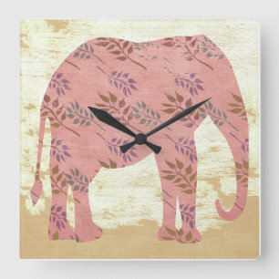 Pink Elephant with Leaves Square Wall Clock