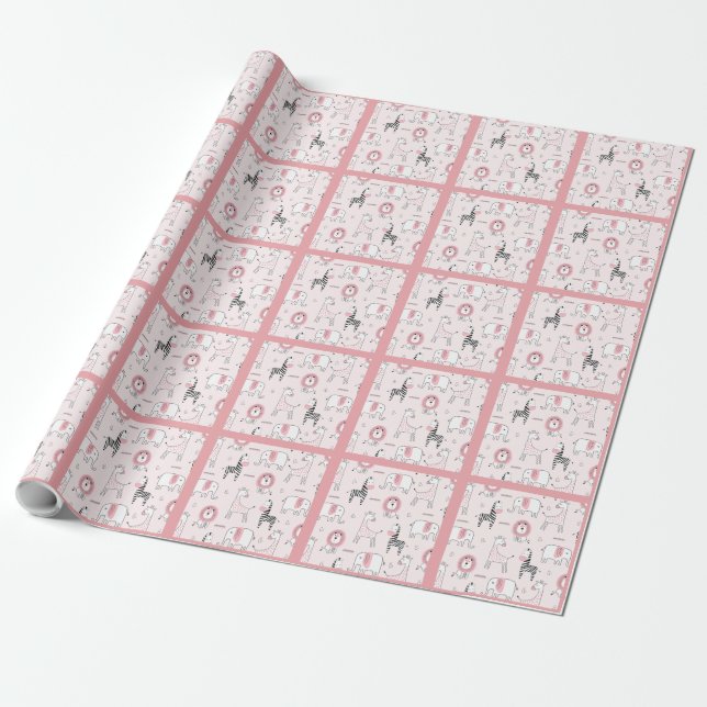 Pink Elephant  Zebra Animals Baby Shower Wrapping Paper (Unrolled)