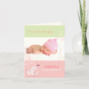 Pink Elephants Baby Girl Photo Birth Announcement