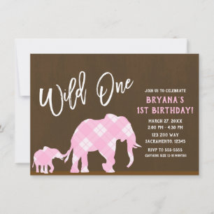 Pink Elephants Brown Modern WILD ONE 1ST Birthday Invitation