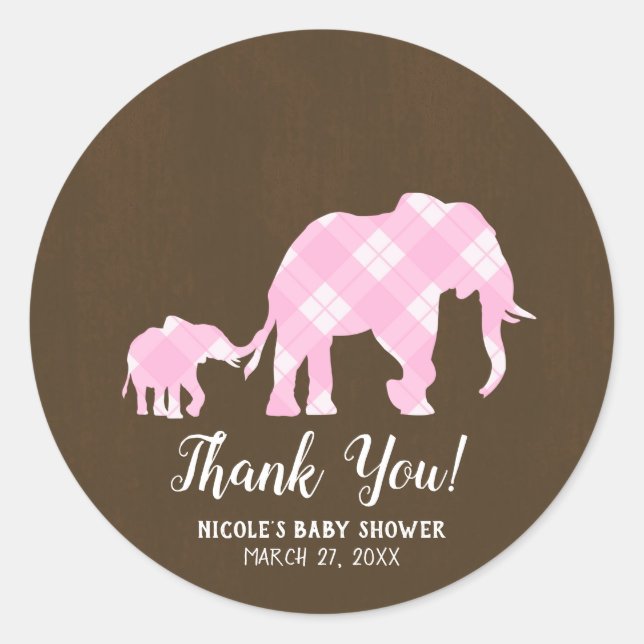 Pink Elephants Brown Trendy Modern Baby Shower Classic Round Sticker (Front)