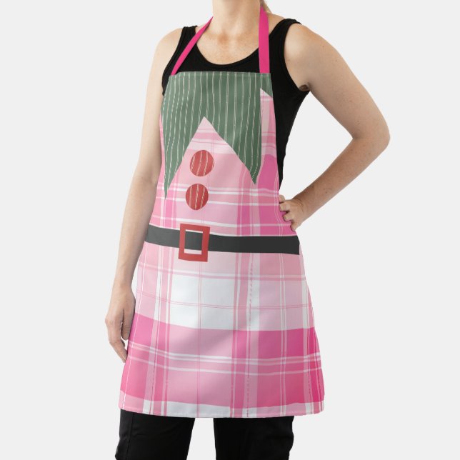Pink Elf Plaid Christmas Apron (Insitu)