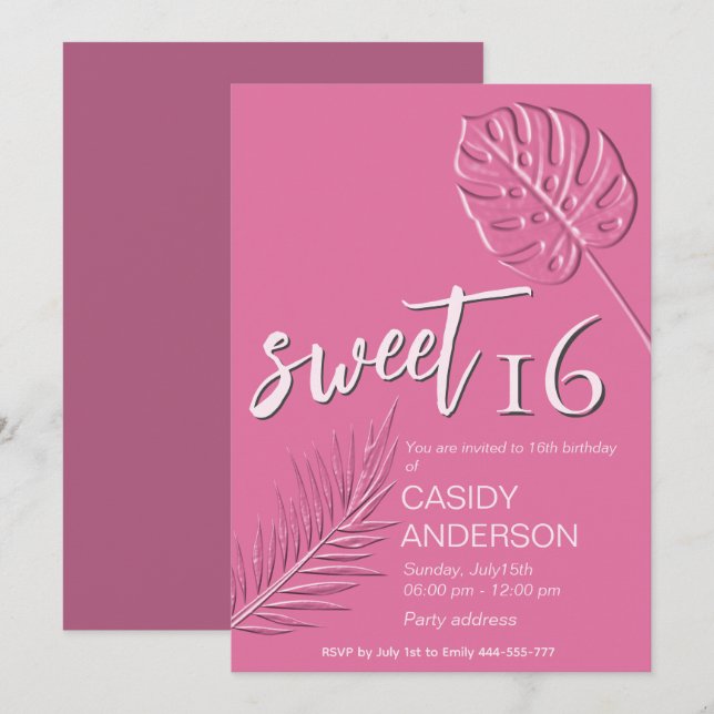Pink Embossed tropical leaves summer sweet 16 Invitation (Front/Back)