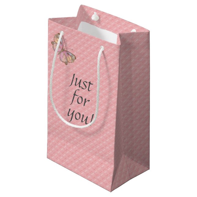 pink embossed with butterfly small gift bag (Front Angled)