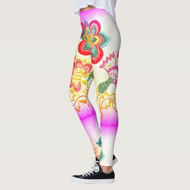 pink embroidered palm trees leggings (Left)