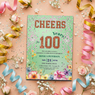 Pink Emerald Glitter Floral 100th Birthday Party Invitation