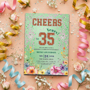 Pink Emerald Glitter Floral 35th Birthday Party Invitation