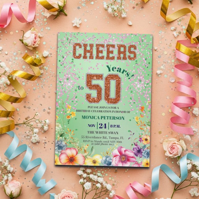 Pink Emerald Glitter Floral 50th Birthday Party Invitation (Creator Uploaded)