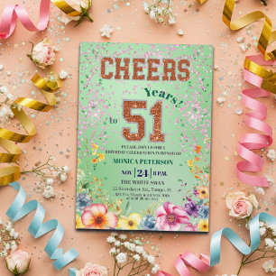 Pink Emerald Glitter Floral 51st Birthday Party Invitation