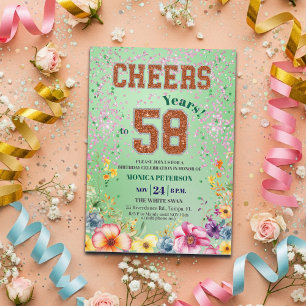 Pink Emerald Glitter Floral 58th Birthday Party Invitation
