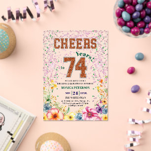 Pink Emerald Glitter Floral 74th Birthday Party Acrylic Invitations