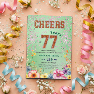 Pink Emerald Glitter Floral 77th Birthday Party Invitation