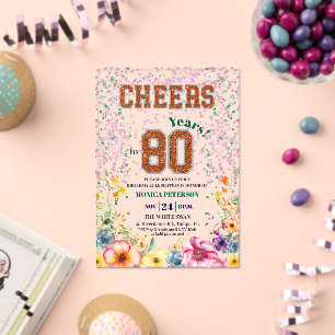 Pink Emerald Glitter Floral 80th Birthday Party Acrylic Invitations