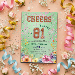 Pink Emerald Glitter Floral 81st Birthday Party Invitation