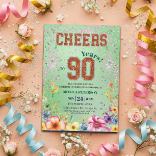 Pink Emerald Glitter Floral 90th Birthday Party Invitation