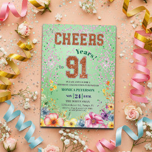 Pink Emerald Glitter Floral 91st Birthday Party Invitation