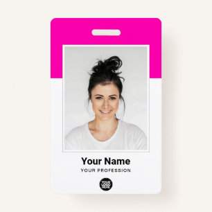 Pink Employee huge Photo Qr Bar Code Logo Name Badge
