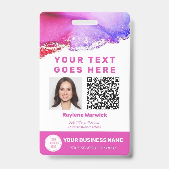 Pink Employee Photo ID QR Code Badge (Front)