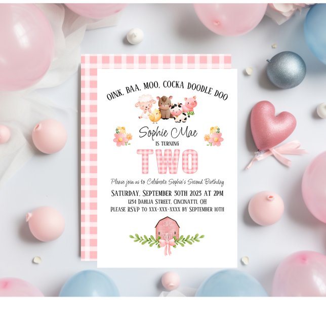 Pink En vichy Barnyard Invitation de deuxième anni (Créateur téléchargé)