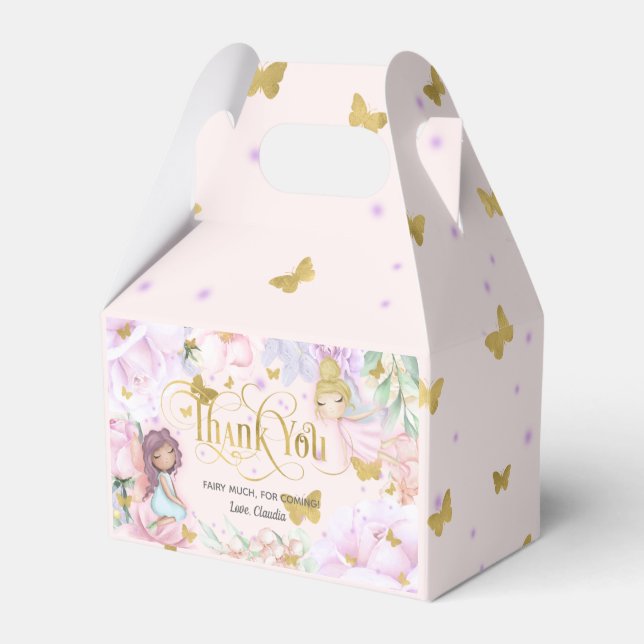 pink enchanted garden fairy, butterfly birthday favor box (Front Side)