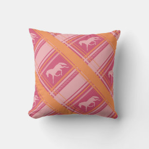 Pink Equestrian Plaid Pony Pattern Throw Pillow