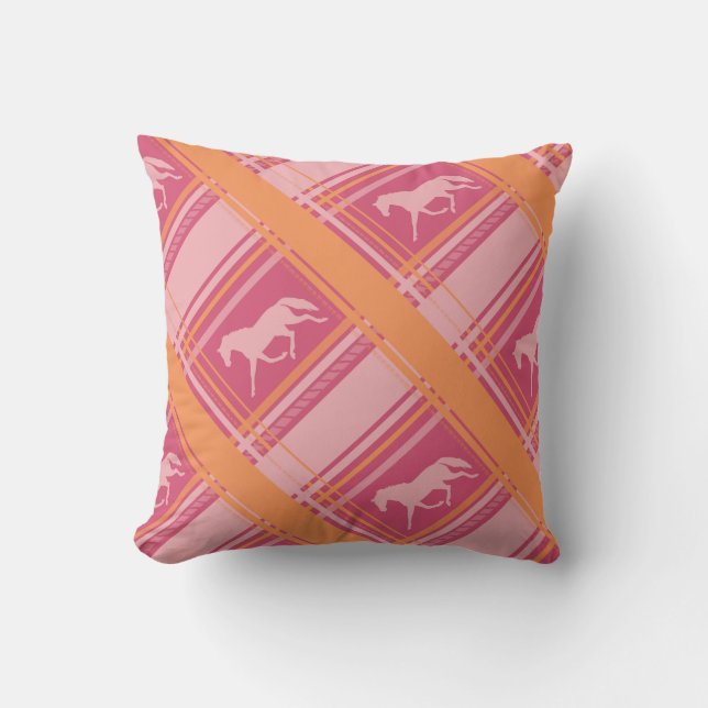 Pink Equestrian Plaid Pony Pattern Throw Pillow (Front)