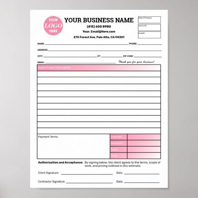 Pink Estimate Quote Job Proposal Forms Contractor Poster (Front)