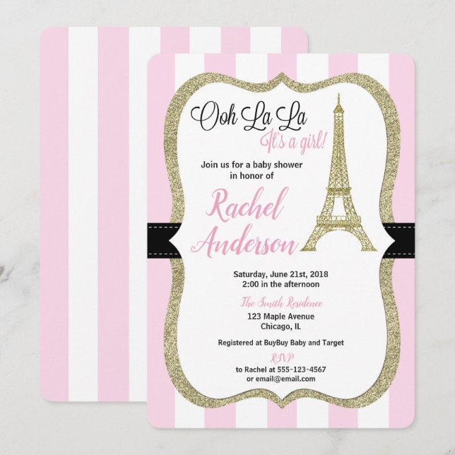 Pink et or paris baby shower invitation fille (Devant / Derrière)