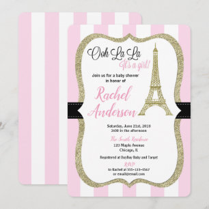 Pink et or paris baby shower invitation fille
