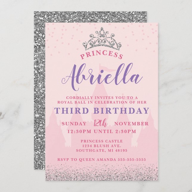 Pink et Silver Princess Invitation d'anniversaire (Devant / Derrière)