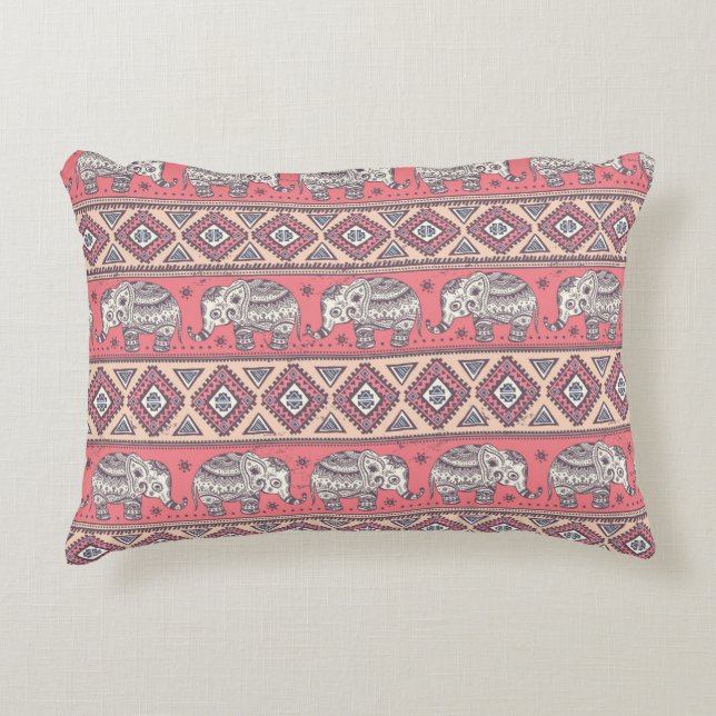 Pink Ethnic Elephant Pattern Accent Pillow (Front)