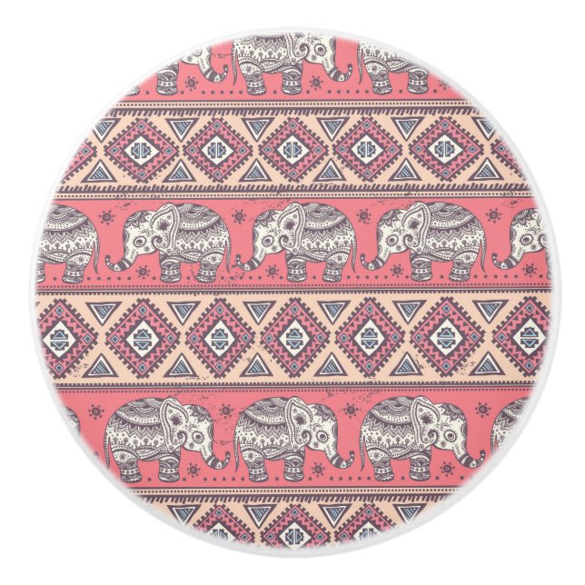 Pink Ethnic Elephant Pattern Ceramic Knob (Front)