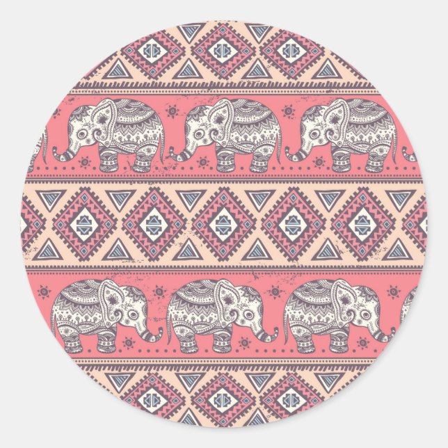 Pink Ethnic Elephant Pattern Classic Round Sticker (Front)