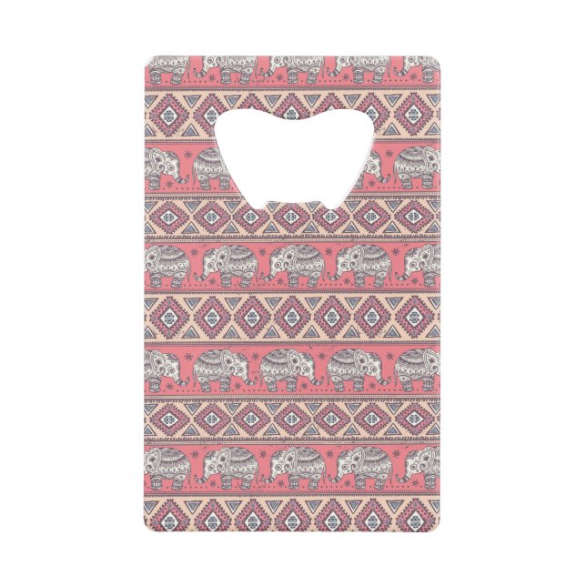 Pink Ethnic Elephant Pattern Credit Card Bottle Opener (Front)